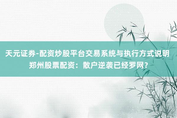 天元证券-配资炒股平台交易系统与执行方式说明 郑州股票配资：散户逆袭已经罗网？